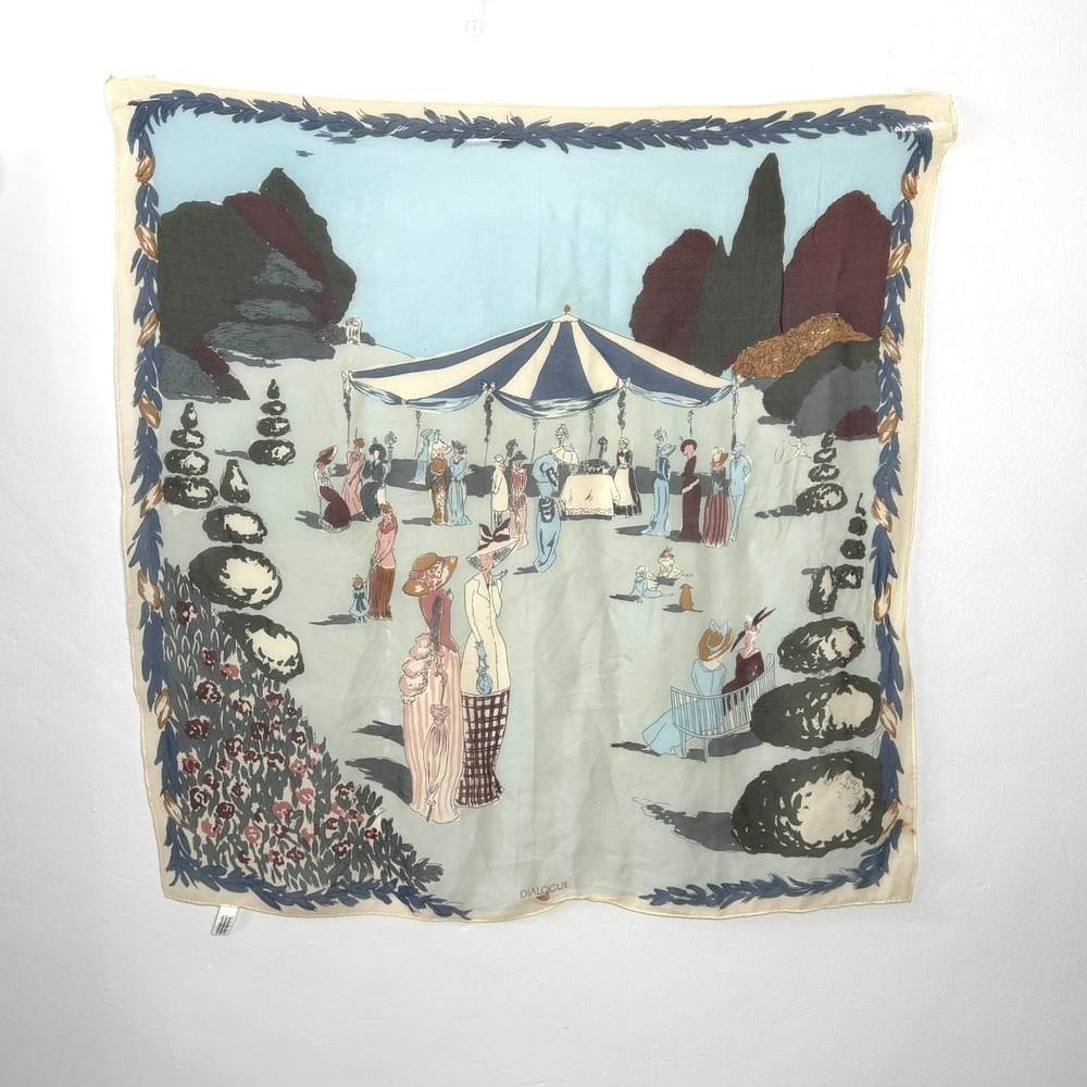 Dialogue Vtg Silk Scarf Hand Rolled Hem Garden Party Edwardian Art-Deco Print